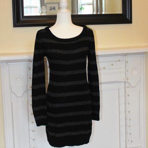 Black & Grey Striped Cable-knit Sweater Dress
